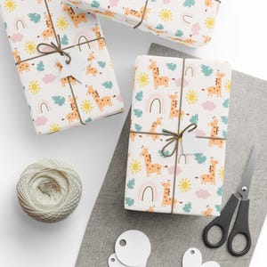 Giraffe Wrapping Paper, Giraffe Themed Wrapping Paper, Cute Animal Wrapping Paper, Giraffe, Sun, Clouds, Rainbow, Kids Gift Wrap