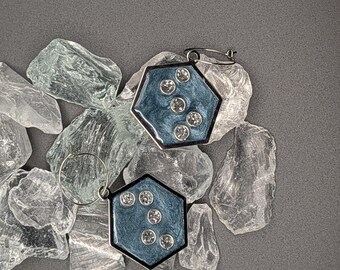 Gray Blue Hexagon Resin Earrings with Silver Sparkle Flow
