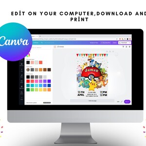 K&ouml;nnte beinhalten: Ein Computerbildschirm zeigt eine Canva-Designvorlage f&uuml;r eine Pok&eacute;mon-Motto-Geburtstagseinladung. Die Einladung zeigt einen roten und wei&szlig;en Pok&eacute;ball mit dem Namen "James" und dem Text "10th April 10 PM 16 PM".