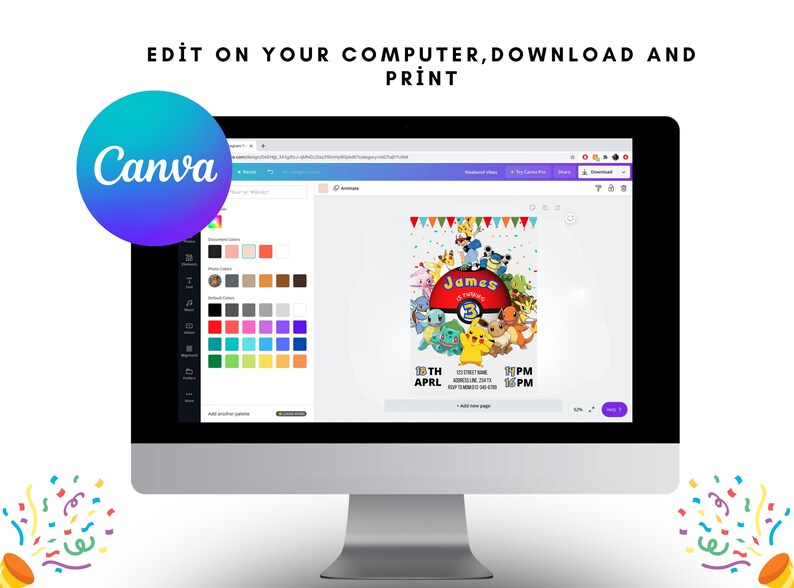 K&ouml;nnte beinhalten: Ein Computerbildschirm zeigt eine Canva-Designvorlage f&uuml;r eine Pok&eacute;mon-Motto-Geburtstagseinladung. Die Einladung zeigt einen roten und wei&szlig;en Pok&eacute;ball mit dem Namen "James" und dem Text "10th April 10 PM 16 PM".