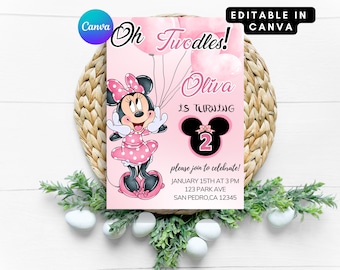 Bearbeitbare Minnie Mouse-Geburtstagseinladung, rosa Luftballons, Mädchen erste Geburtstagsfeier einladen, sofortiger Download Canva-Vorlage, druckbar