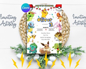 Invitation Pokémon modifiable | Invitation fête d'anniversaire Pokémon | Faire-part carte Pokémon numérique