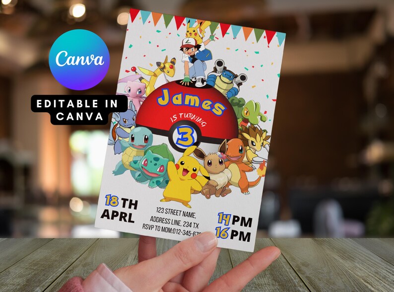 K&ouml;nnte beinhalten: Eine farbenfrohe Einladung mit Pok&eacute;mon-Charakteren, darunter Pikachu, Bisasam und Glumanda. Die Einladung ist f&uuml;r eine Geburtstagsparty f&uuml;r James, der 3 Jahre alt wird. Die Einladung enth&auml;lt Datum, Uhrzeit und RSVP-Informationen.
