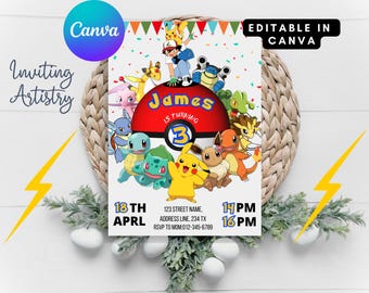 Modèle de fête d'anniversaire Pokemon Pikachu Pokemon Invitation en téléchargement numérique
