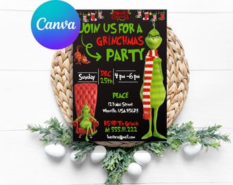 Invitation de fête Grinch modifiable | Joyeux Grinchmas | Invitation Grinch, modèle modifiable-imprimable | Invitation Téléchargement instantané