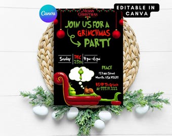 Invitation de fête Grinch modifiable | Joyeux Grinchmas | Invitation Grinch, modèle modifiable-imprimable | Invitation Téléchargement instantané