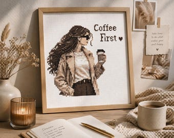 Patrón de punto de cruz de café, bordado moderno para mujer, diseño minimalista