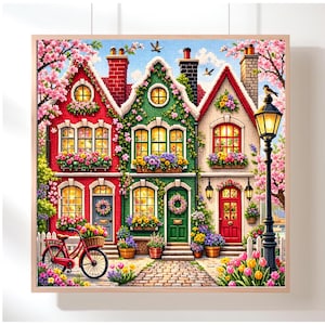 May include: A colorful painting of three quaint houses, each with a unique design and vibrant colors. The houses are adorned with flowers, and a red bicycle with a basket of flowers sits in front of the first house. A lamppost stands nearby.