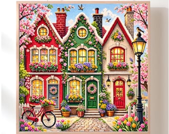 Kruissteekpatroon Spring Village – Gezellige Europese huizen, geborduurd landschap met bloemen