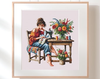 Sewing Girl Cross Stitch Pattern, Colorful Sewing Room