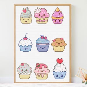 Cute Kawaii Cupcakes Cross Stitch Pattern,Summer cross stitch pattern,mini cross stitch pattern, PDF Counted Cross Stitch Chart Download
