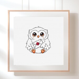 May include: A framed print featuring a cartoon owl with large brown eyes, holding an envelope with a red wax seal. The owl is white with black outlines and orange feet. The artwork is displayed in a light wood frame.