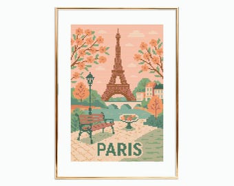 Paris Cross Stitch Pattern | Eiffel Tower & Park Scene | Romantic City Embroidery Design