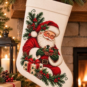 May include: A cream-coloured Christmas stocking featuring a detailed cross-stitch design of Santa Claus wearing a red suit and hat, holding a small green toy train. The design includes a gift box with a red bow, pine branches, and red berries.