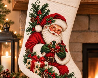 May include: A cream-coloured Christmas stocking featuring a detailed cross-stitch design of Santa Claus wearing a red suit and hat, holding a small green toy train. The design includes a gift box with a red bow, pine branches, and red berries.