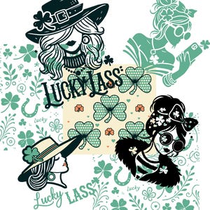 set mit 12 St. Patrick's Clipart Grafiken, Vektorpaket, svg, eps, dxf, png, Kaffee, Lucky Lass, Dame, Cricut, Cri-Cut, Trendy, Frauen weiblich
