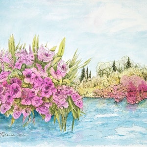 Reach, limited edition fine art print of watercolor original colorful imaginative floral landscape