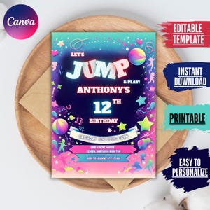 Jump Party Invitation Jump Birthday Invite Let&#39;s Jump Party Editable Jump Invitation Trampoline Party Invite Canva Template