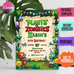 May include: A vibrant Plants vs. Zombies themed birthday invitation. The design showcases cartoon zombies and plants, with the text "Plants vs. Zombies" and "Mason's 10th Birthday." Includes event details and RSVP information.