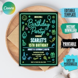 Glow Party Birthday Invitation Glow Invitation girl boy Neon Party Invite Neon Lights Glow Party Template Editable Canva Glow Evite