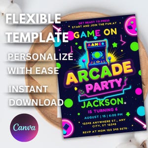Arcade Birthday Invitation Template, Arcade Invitation, Neon Glow Invite, Boys Gamer Party, Video Game Party, Arcade Party, Editable Canva