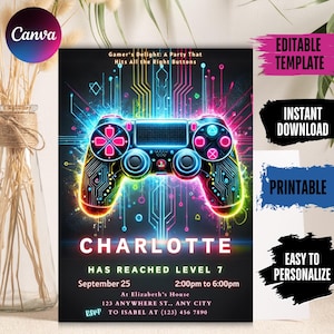 Video Game Party Invitation EDITABLE Level Up Birthday Invite Blue Neon Glow Invite Glow Video Gamer Boy Template Arcade Party Invitation