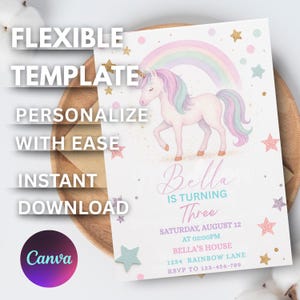 Unicorn Birthday Invitation, Unicorn Invitation, Rainbow Unicorn Birthday Invite, Pastel Unicorn Invitation Printable 3rd 4th 5th 6th 7th