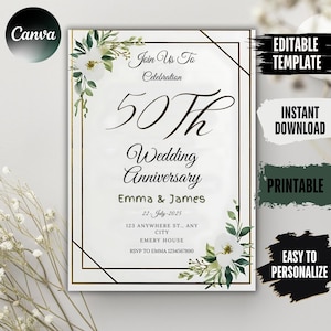 Faire-part 50e anniversaire, modèle 20, 30, 40e, 60e anniversaire, modèle d'invitation numérique en bonus Canva 5 x 7 à téléchargement immédiat