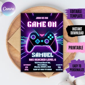 Gamer Birthday Invitation: Neon Level Up Party (Digital Download)