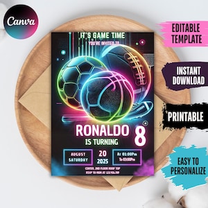 Editable Sports Invitation Neon Sports Invites Sports flyer Sport Theme Invite Glow ALL STAR SPORTS Invitation