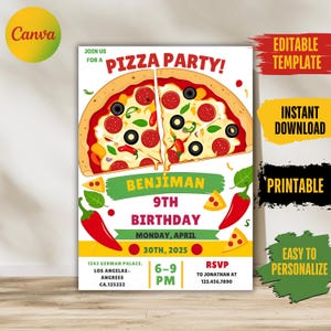 Editable Pizza Party Birthday Invitation Template, Printable Birthday Party Invitations, Digital Bday Party Invite Template Bday Card