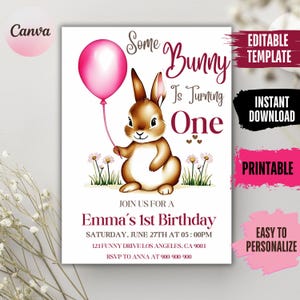 Bunny 1st Birthday Invitation: Pink Floral, Editable (Digital Download)