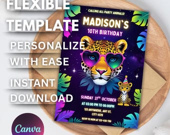 Rainbow Leopard Birthday Invitation: Neon Safari Party Animals (Editable Template)