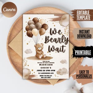 Bear Baby Shower Invitation: Gender Neutral Balloons (Editable Template)