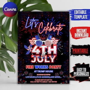 Invitation modifiable aux feux d'artifice du 4 juillet Invitation de feux d'artifice du jour de l'indépendance du 4 juillet Nourriture du 4 juillet, musique Éviter la nourriture du 4 juillet, ami, feux d'artifice