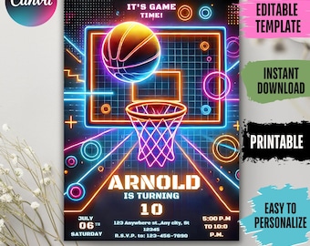 May include: Neon blue and orange basketball birthday invitation with a basketball going through a hoop. The text says "It's Game Time!" and "Arnold is turning 10".