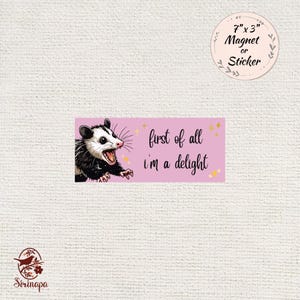 May include: A rectangular magnet or sticker with a pink background and the text "first of all i'm a delight." It features an illustration of an opossum with its mouth open. The magnet is 7" x 3".