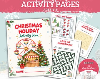 May include: A Christmas holiday activity book featuring a cover with a ferris wheel, a decorated Christmas tree, and a wooden market stall. The set includes activity pages with count and color tasks, a word search, a maze, and 35 bonus coloring pages.