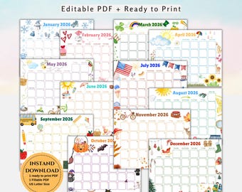 2026 Kids Calendar, Monthly Theme, School Classroom Wall Calendar (Digital Download)