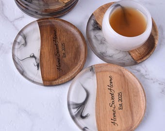 Personalized Resin Wood Coaster Gift – Custom Housewarming Gift, Wedding Gift, Engraved Drink Coaster for Couples or New Home