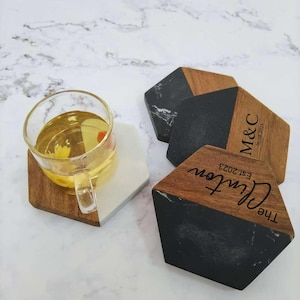 Custom Engraved Marble Wood Coasters, Personalized Gifts Coaster Set, New Home Gift, Housewarming Gifts, Newly Wed Gift, Anniversary Gift