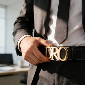 Pode incluir: Um cinto de couro preto com uma fivela dourada que diz "DRO". O cinto é usado com um fato preto e uma camisa branca. A fivela é o ponto focal da imagem.