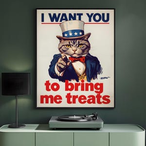 Cartaz de propaganda de gato | Download digital | Arte de gato estilo americano vintage | Decoração de parede | Arte de gato para impressão