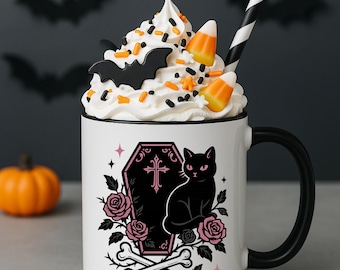 Halloween zwarte kat accent koffiemok, Coquette Halloween mok, roze en zwarte Goth Halloween, Halloween minnaar cadeau, grappige mok, cadeau voor haar