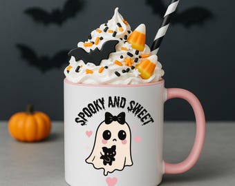 Halloween Cute Ghost and Bat Accent Coffee Mug, Coquette Halloween Mug, Pink Goth Halloween, Halloween Lover Gift, Funny Mug, Gift for Her