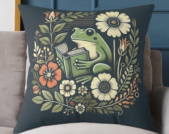 Frog Readin Book Pillow, Cozy Home Decor, Wildlife Lovers Gift, Book Lovers Pillow, Cottagecore Pillow, Garden Frog Pillow, Literary Decor