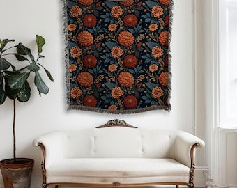 Dark Floral Cottagecore Woven Throw Blanket, Floral Blanket, Woven Throw, Couch Blanket, Wall Tapestry, Woven Tapestry, Bed Blanket