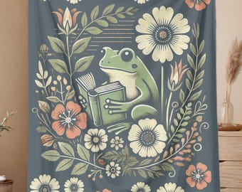 Frog Reading Blanket, Cottagecore Wildlife Lovers, Home Decor, Cozy Nights, Kid's Room,Book Readers Forestcore Gift Idea, Cute Frog Print