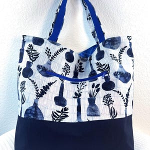 Handmade Indigo Houseplant Tote Bag: Large Canvas Shopper with Zip Pocket