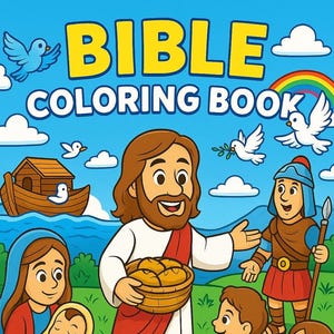 Op de afbeelding: Een kleurrijke omslag voor een Bijbel kleurboek met de titel "BIBLE COLORING BOOK" in gele letters. De afbeelding toont cartoon illustraties van Jezus, kinderen en andere bijbelse figuren, tegen een blauwe lucht met wolken, vogels en een regenboog.